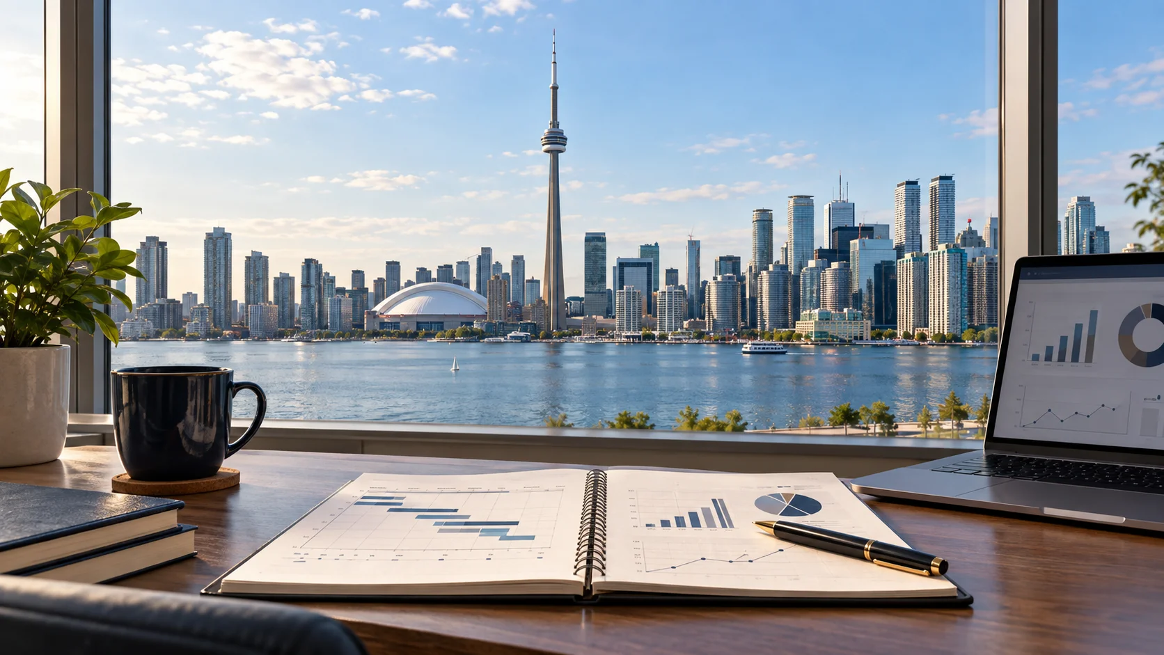 Toronto skyline with the CN Tower overlooking a desk with business planning charts and a laptop.