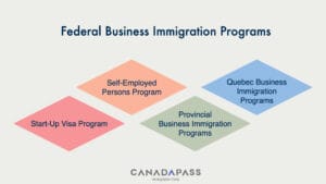 An infographic image about Federal Business Immigration Programs, including the Start-up Visa and Self-Employed streams.
