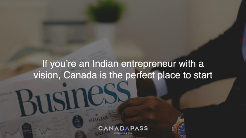 Indian entrepreneur smiling confidently with a Canadian flag and startup documents, symbolizing opportunity and vision for launching a business in Canada.