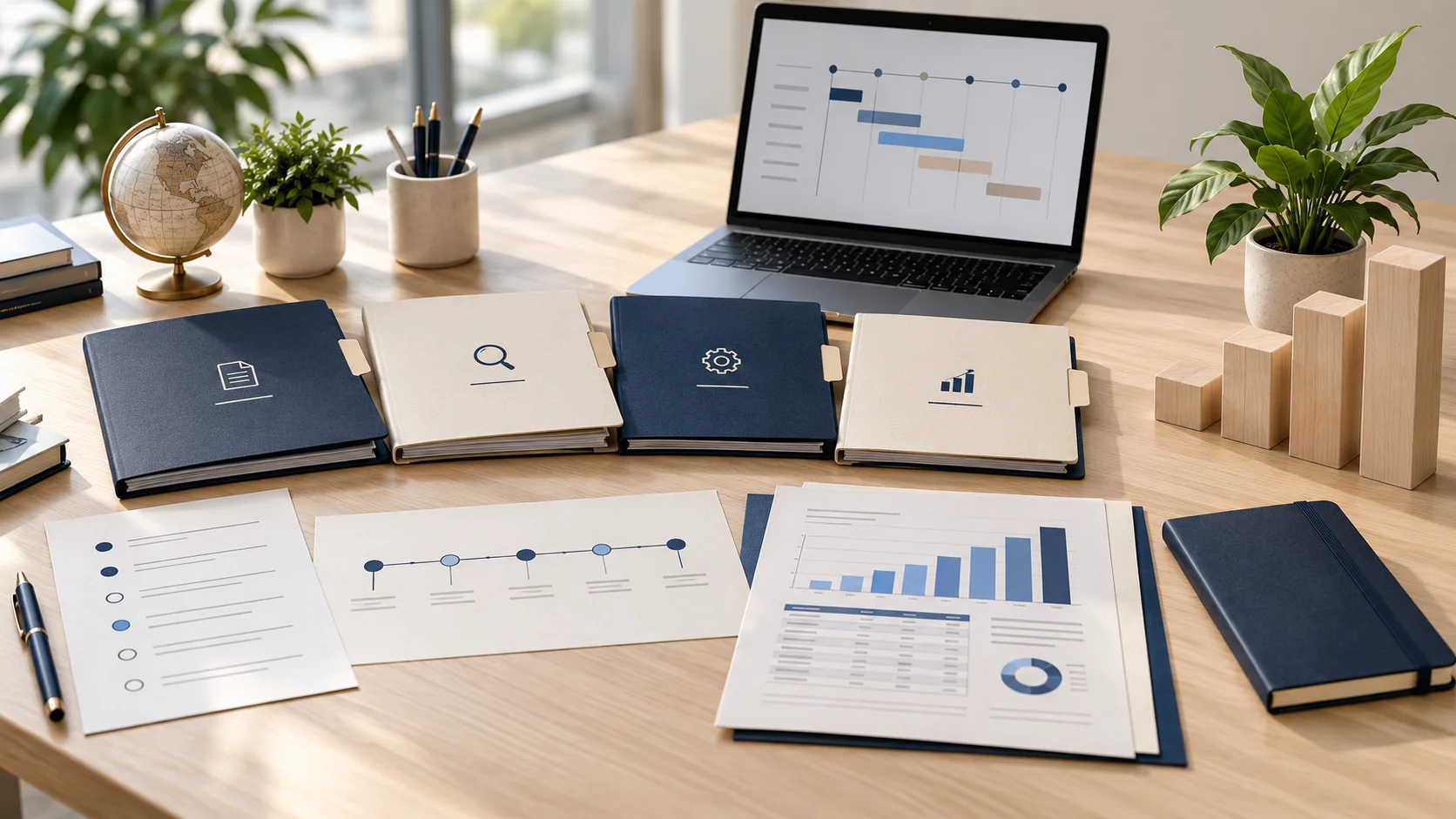 Application folders, a process timeline and business growth charts arranged on a desk beside a laptop.