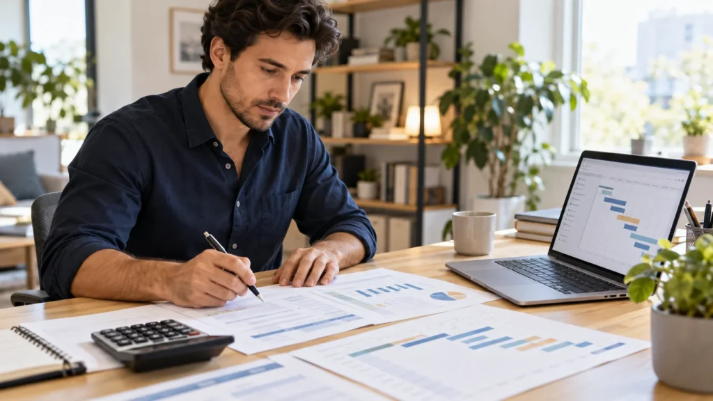 Entrepreneur reviewing Canada Startup Visa business expenses, budget documents and Gantt charts at a home office desk.