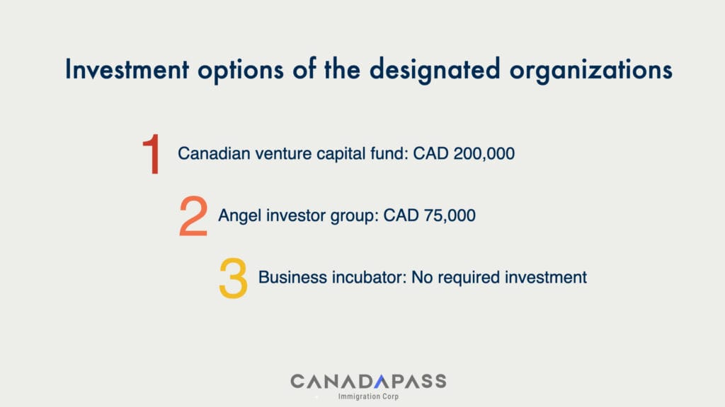 Canada Startup Visa Minimum Investment infographic showing options from designated organizations.