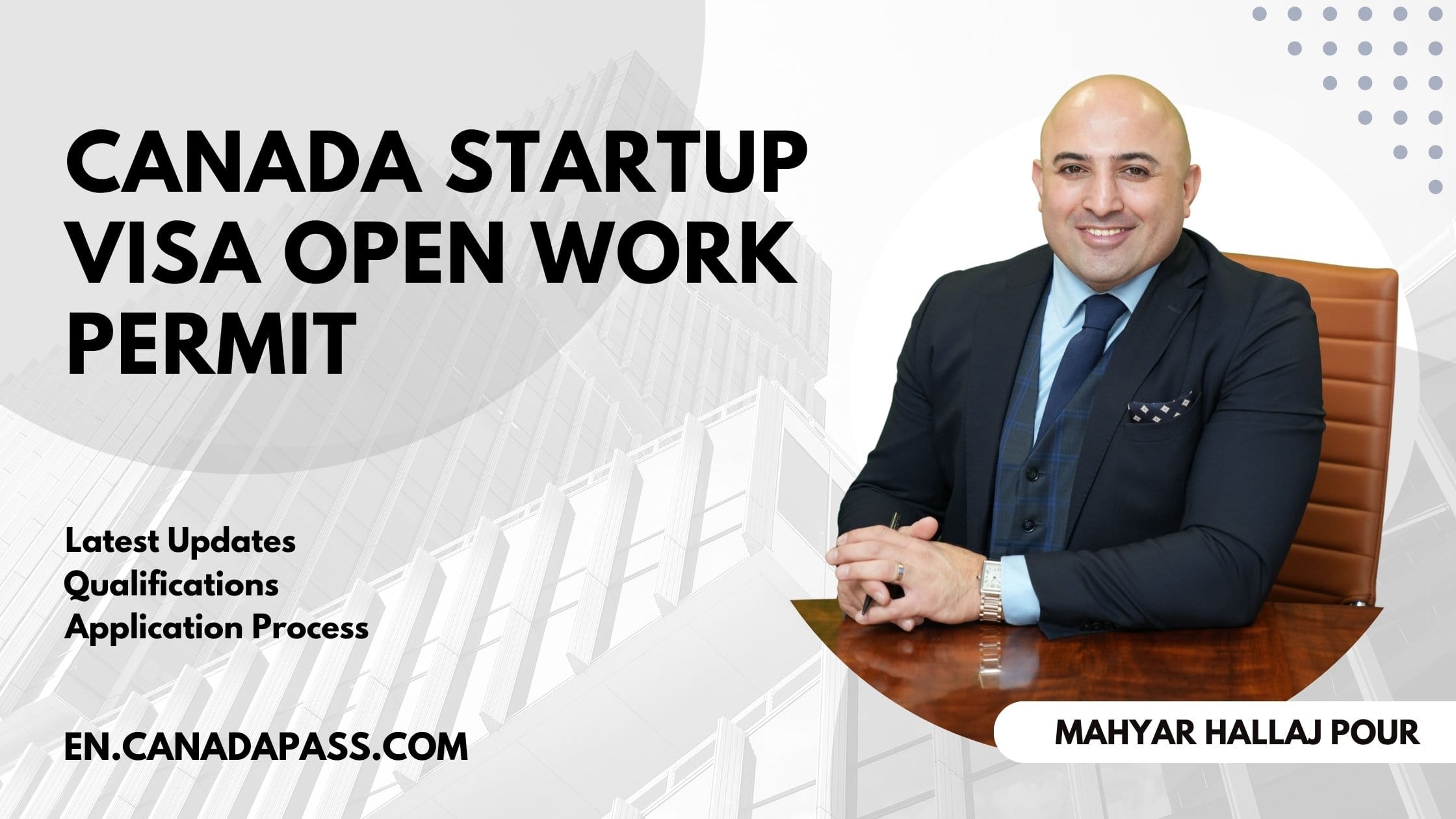 A professional graphic featuring consultant Mahyar Hallaj Pour for the Canada Startup Visa Open Work Permit.