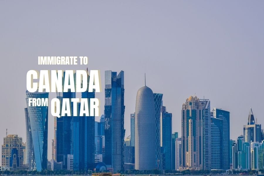 "Decorative image for a blog about emigrating to Canada from Qatar, showing Qatar's coastline with the blog topic text overlaid on the image