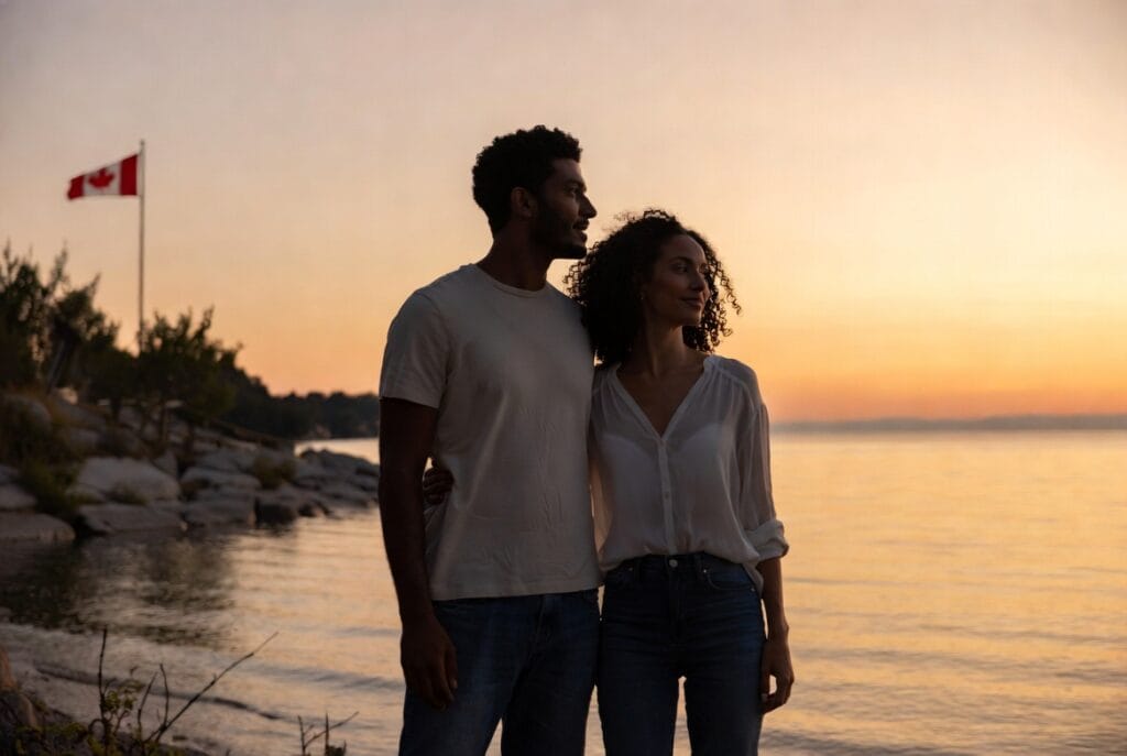 Americans considering move to Canada from US in 2026 standing by Canadian lake