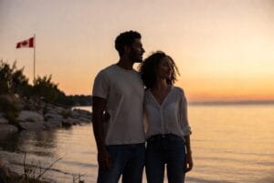 Americans considering move to Canada from US in 2026 standing by Canadian lake