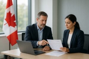 AI generated decorative image for the LMIA explanation article showing a male employer and a female employee discussing a document