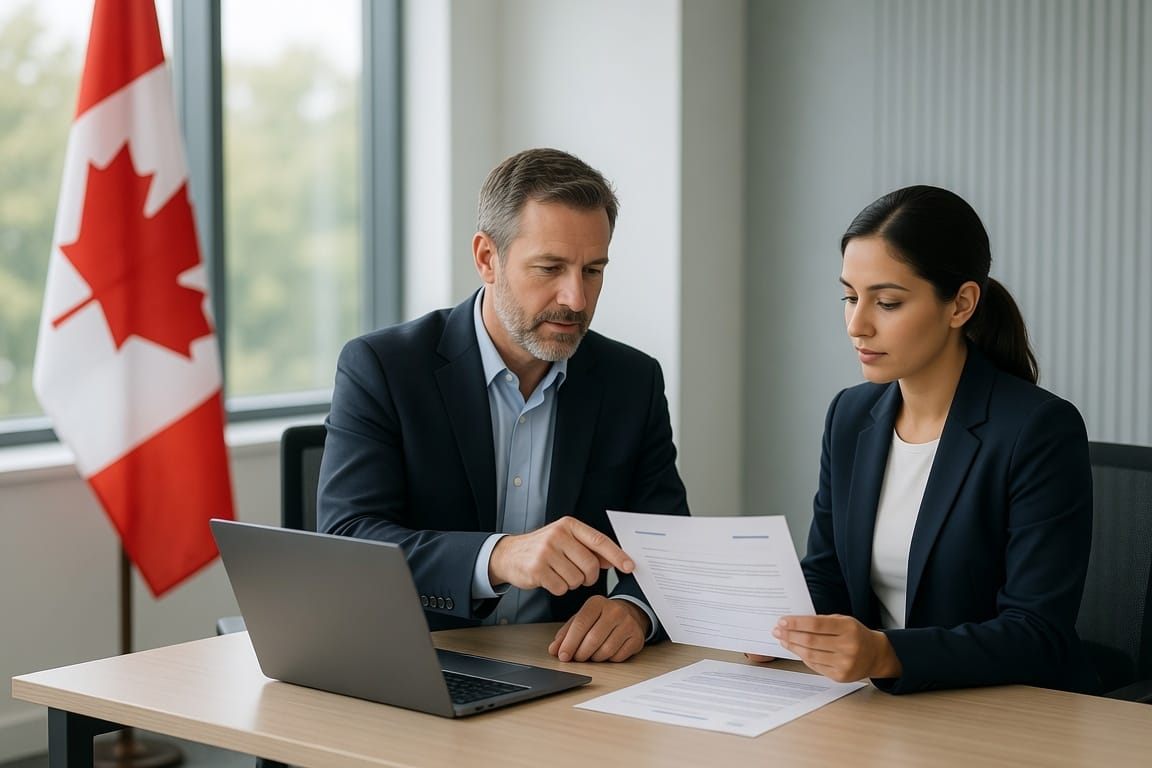 AI generated decorative image for the LMIA explanation article showing a male employer and a female employee discussing a document